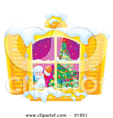 Clipart Illustration of Kris Kringle Standing By A Christmas Tree And Waving Out Through A Window With Shutters by Alex Bannykh