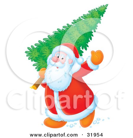 Clipart Illustration of Santa Waving While Carrying A Fresh Cut Christmas Tree Over His Shoulder by Alex Bannykh