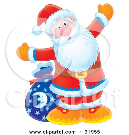 Clipart Illustration of Kris Kringle Standing In Front Of A Toy Sack And Holding His Arms Open Wide by Alex Bannykh
