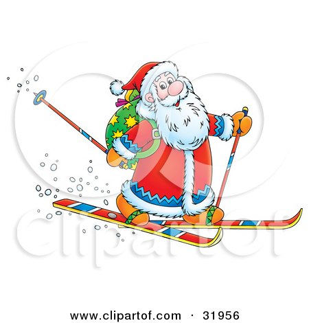 Clipart Illustration of Kris Kringle Smiling While Skiing With Poles And A Toy Sack On His Back by Alex Bannykh