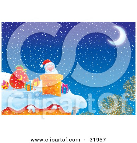 Clipart Illustration of Father Christmas Peeking Out Of A Chimney On A Snowy Winter Night Under A Crescent Moon While Delivering Gifts On Christmas Eve by Alex Bannykh