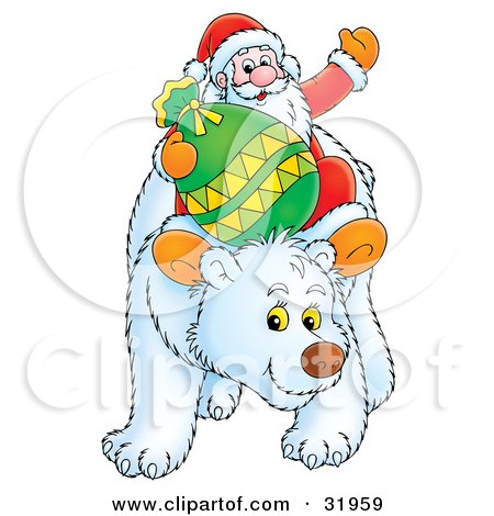 Clipart Illustration of Kris Kringle Waving While Riding On The Back Of A Friendly Polar Bear by Alex Bannykh