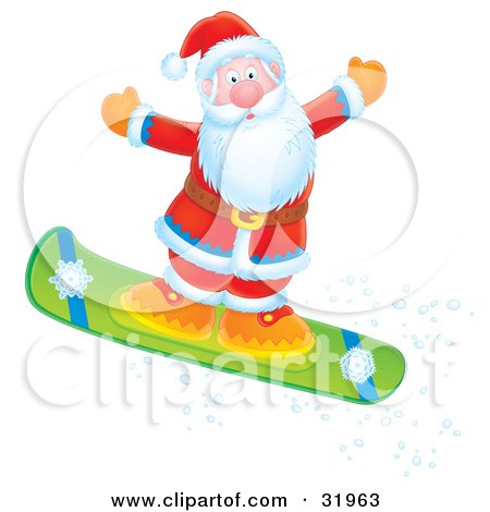 Clipart Illustration of Father Christmas Holding His Arms Out To Maintain Balance While Catching Air On A Snowboar by Alex Bannykh