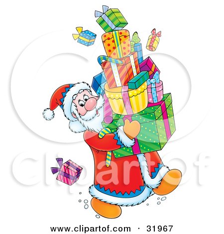 Clipart Illustration of Father Christmas Looking Back At A Present On The Floor While Carrying A Large Stack Of Gifts by Alex Bannykh