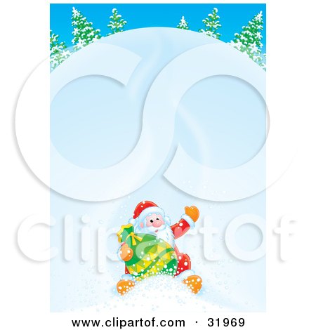 Clipart Illustration of Father Christmas Holding Onto His Toy Sack And Waving While Sliding Down A Snow Covered Hill by Alex Bannykh