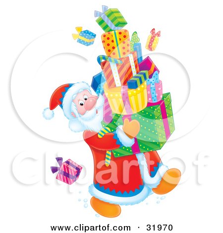 Clipart Illustration of Santa Looking Back At A Present On The Floor While Carrying A Large Stack Of Gifts by Alex Bannykh