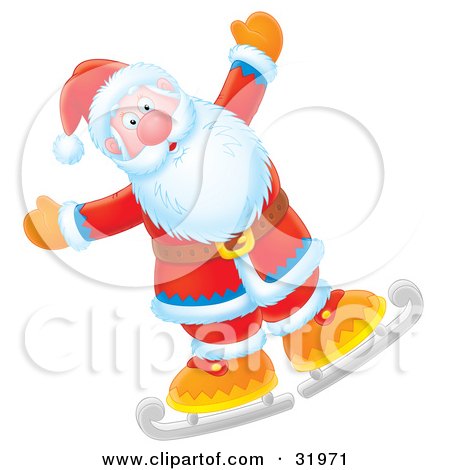 Clipart Illustration of Father Christmas Holding His Arms Out Wide While Ice Skating by Alex Bannykh