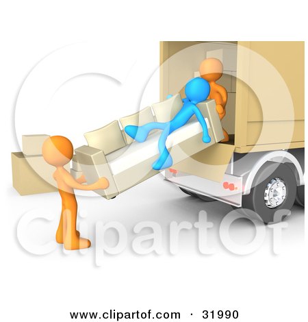 Clipart Illustration of a Blue Person Slacking On A Couch While Two Orange Workers Load A Sofa Into A Moving Truck, Symbolizing Laziness And Poor Teamwork by 3poD