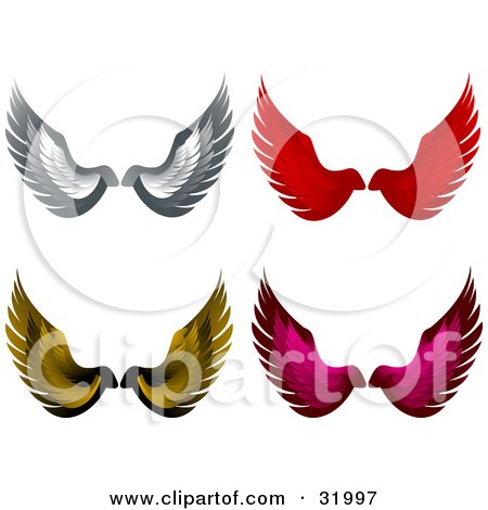 Clipart Illustration of a Set Of Four Gray, Red, Yellow And Pink Wings, Symbolizing Freedom And Faith by elaineitalia