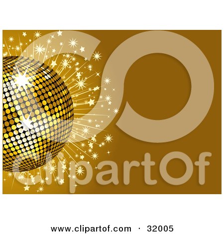 Clipart Illustration of a Golden Disco Ball With Sparkles On A Brown Background by elaineitalia