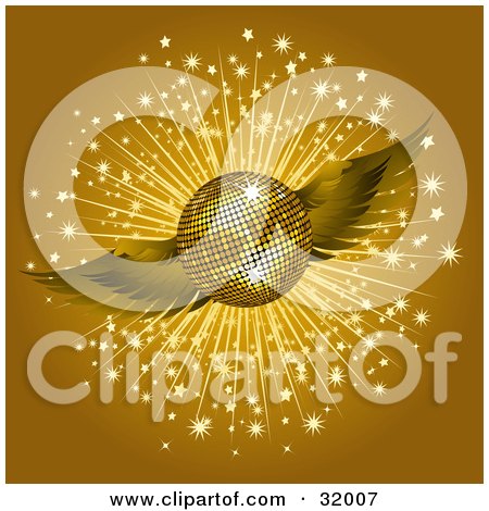 Clipart Illustration of a Golden Winged Disco Ball On A Brown Background With A Burst Of Sparkles by elaineitalia