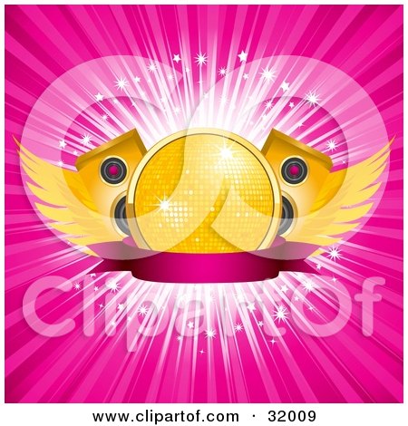 Clipart Illustration of a Yellow Disco Ball With Speakers And Wings, On A Pink Banner Over A Bursting Pink Background by elaineitalia