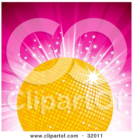 Clipart Illustration of a Shiny Yellow Disco Ball On A Bursting Pink Background With Stars by elaineitalia