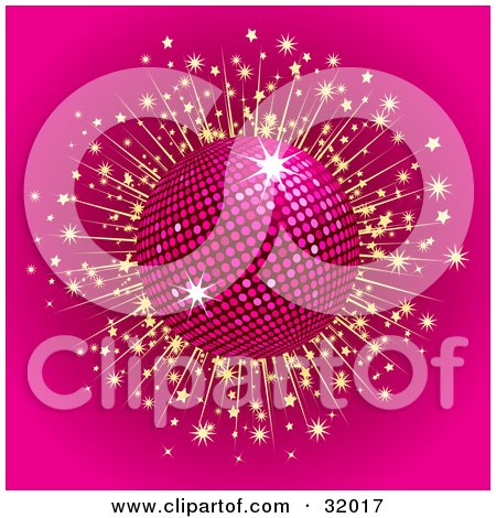 Clipart Illustration of a Sparkling Pink Disco Ball On A Pink Background With Golden Bursting Stars by elaineitalia