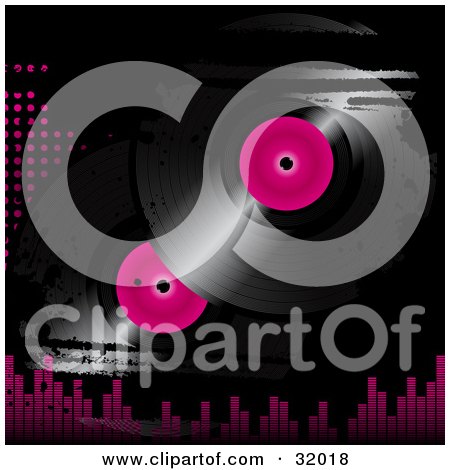 Clipart Illustration of Two Pink And Black Vinyl Records On A Grunge Black Background With Pink Dots And Equalizer Bars by elaineitalia