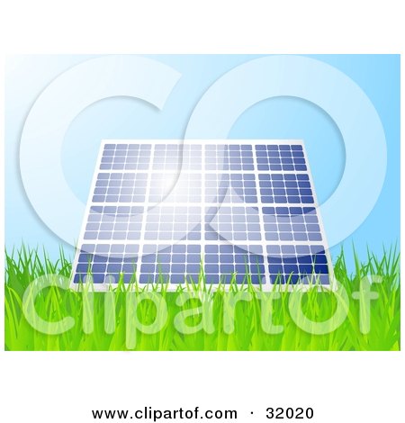 Clipart Illustration of Sunshine Reflecting Off Of A Blue Solar Panel Propped Up In A Grassy Field by elaineitalia
