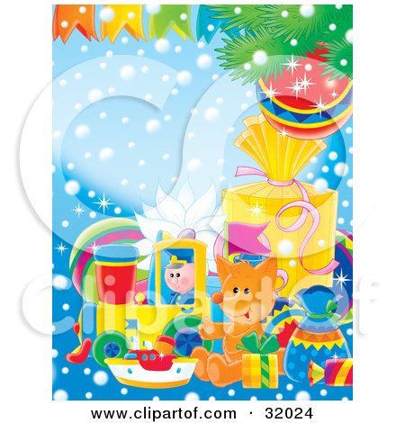 Clipart Illustration of a Group Of Toys And Gifts Under A Christmas Tree Branch, On A Blue Background With Snow And Banners by Alex Bannykh