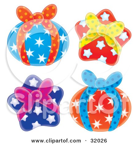 Clipart Illustration of a Set Of Four Round And Star Shaped Gifts Wrapped In Star Paper And Bows by Alex Bannykh