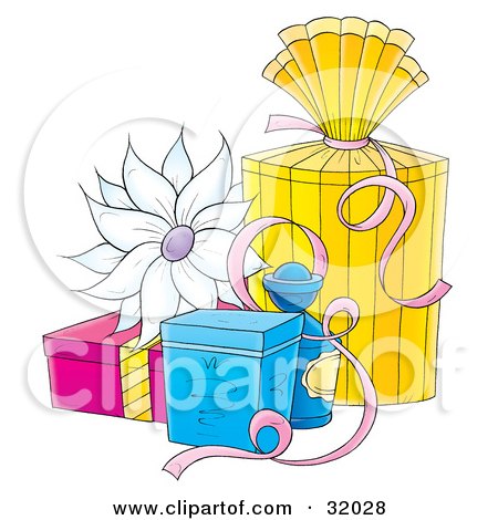 Clipart Illustration of a White Flower On Yellow, Blue And Pink Gifts With Ribbons, On A White Background by Alex Bannykh
