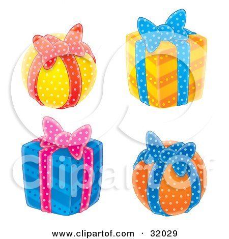 Clipart Illustration of a Set Of Four Round And Cubed Yellow, Orange And Blue Gifts With Ribbons And Bows, On A White Background by Alex Bannykh