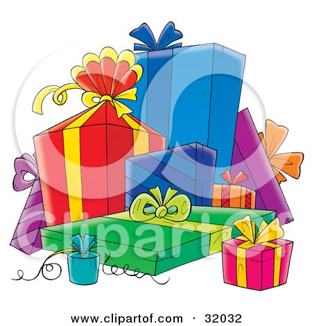 Clipart Illustration of a Group Of Blue, Red, Green, Pink And Purple Gifts, Ribbons And Bows by Alex Bannykh