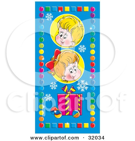 Clipart Illustration of a Little Boy And Girl Above A Gift, Snowflakes And Baubles, Bordered By Colorful Circles And Squares On Blue by Alex Bannykh