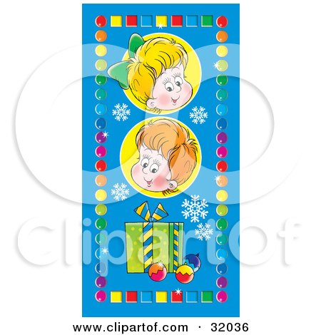 Clipart Illustration of Two Children With A Gift And Ornaments, On A Blue Background With Snowflakes, Bordered By Colorful Squares And Circles by Alex Bannykh