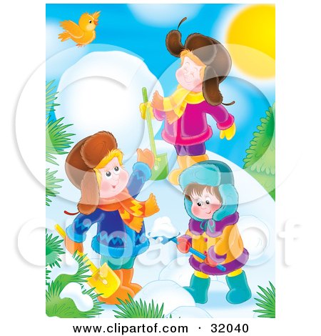 Clipart Illustration of a Yellow Bird Flying Over Three Children Digging In Snow And Making A Snowman On A Sunny Winter Day by Alex Bannykh