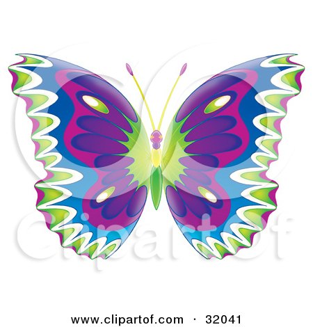 Clipart Illustration of a Colorfully Patterned Butterfly With Green, White, Blue, Pink And Purple Wings by Alex Bannykh