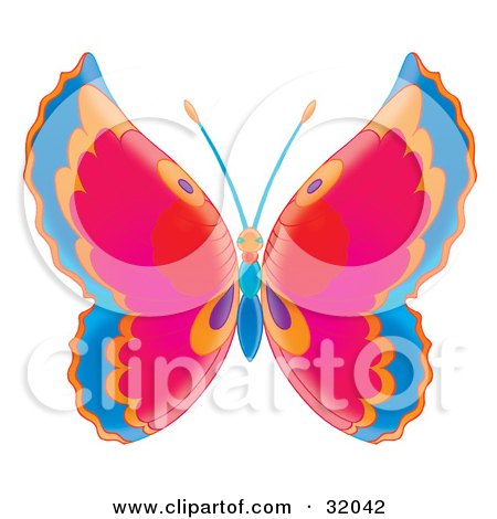 Clipart Illustration of a Butterfly With Blue, Orange, Pink, Red And Purple Wings And An Orange And Blue Body by Alex Bannykh
