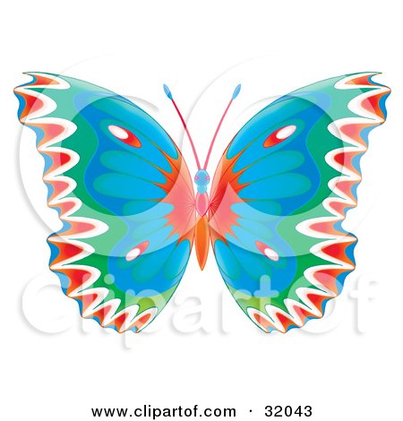 Clipart Illustration of a Colorfully Patterned Butterfly With Red, White, Green And Blue Wings by Alex Bannykh