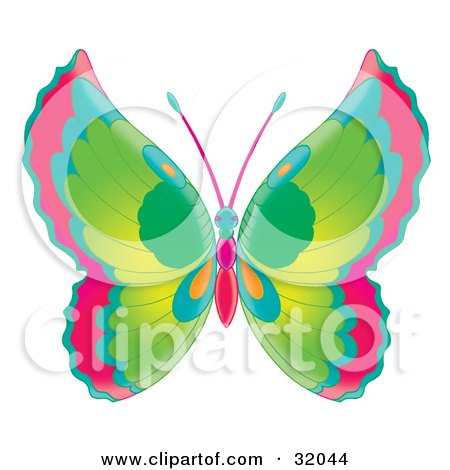 Clipart Illustration of a Butterfly With Red, Blue, Green And Orange Wings And A Blue, Pink And Red Body by Alex Bannykh