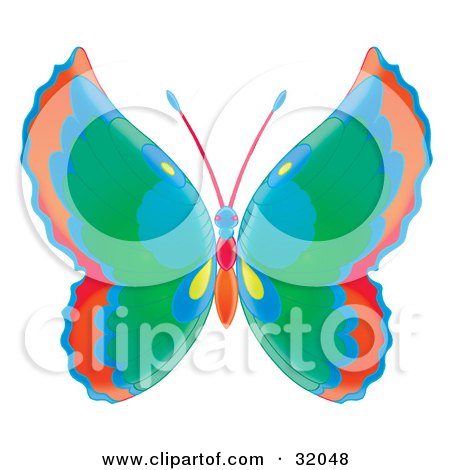 Clipart Illustration of a Butterfly With Orange, Blue, Green And Yellow Wings And A Blue, Red And Orange Body by Alex Bannykh
