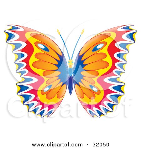 Clipart Illustration of a Colorfully Patterned Butterfly With Blue, White, Red, Yellow And Orange Wings by Alex Bannykh