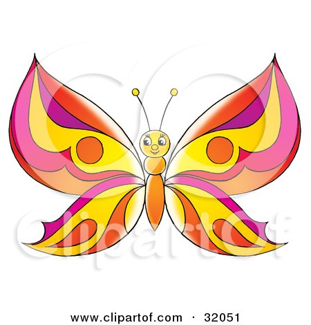 Clipart Illustration of a Friendly Butterfly With Orange, Purple And Yellow Patterned Wings by Alex Bannykh