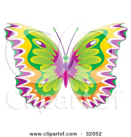 Clipart Illustration of a Colorfully Patterned Butterfly With Purple, White, Yellow And Green Wings by Alex Bannykh