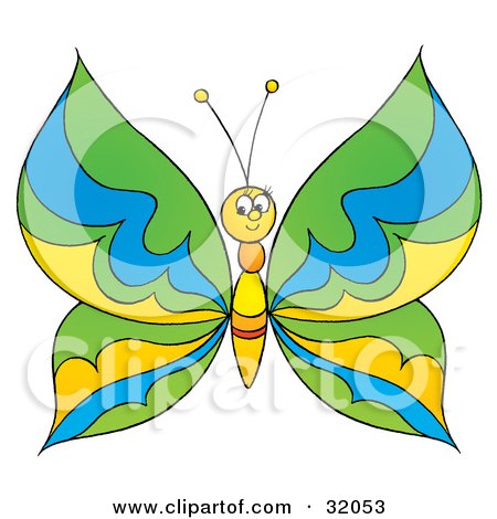 Clipart Illustration of a Friendly Butterfly With Green, Blue And Yellow Patterned Wings by Alex Bannykh