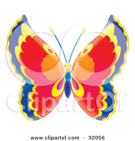 Clipart Illustration of a Butterfly With Blue, Yellow, Red, Pink, Orange And Purple Wings And A Yellow And Blue Body by Alex Bannykh