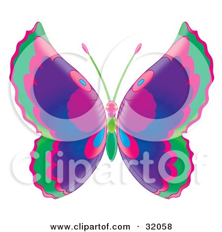 Clipart Illustration of a Butterfly With Green, Pink, Purple And Blue Wings And A Pink And Green Body by Alex Bannykh