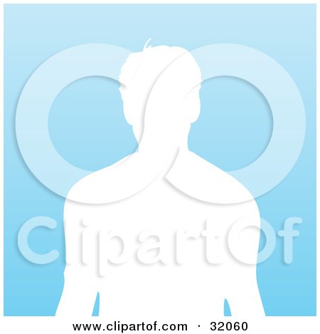 Clipart Illustration of a Male Silhouetted In White, From The Waist Up, Over A Gradient Blue Background by KJ Pargeter
