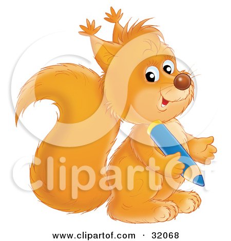 Clipart Illustration of a Cute Squirrel Looking At The Viewer And Holding A Blue Pencil by Alex Bannykh