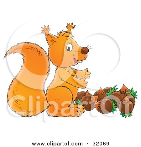 Clipart Illustration of a Cute Squirrel Standing Above A Stash Of Acorns by Alex Bannykh