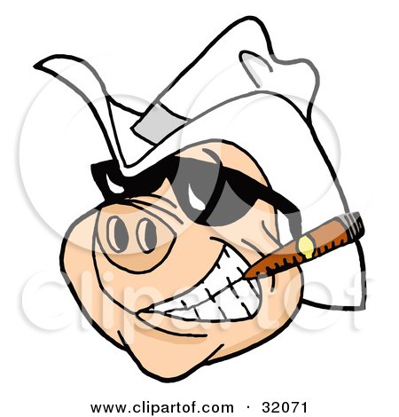 Clipart Illustration of a Grinning Pig Wearing Shades And A Cowboy Hat, Smoking A Cigar by LaffToon