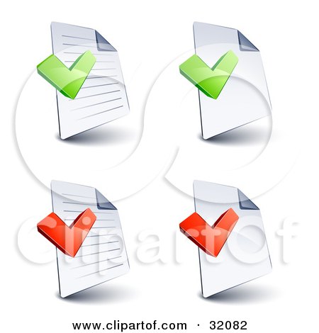 Clipart Illustration of a Set Of Four Lined And Blank Pages With Green And Red Check Marks, On A White Background by beboy
