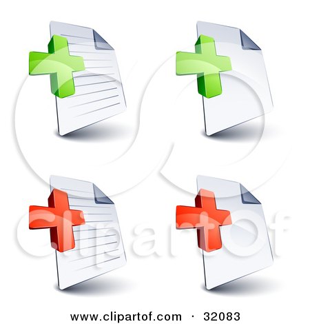 Clipart Illustration of a Set Of Four Lined And Blank Pages With Green And Red Plus And Addition Symbols, On A White Background by beboy