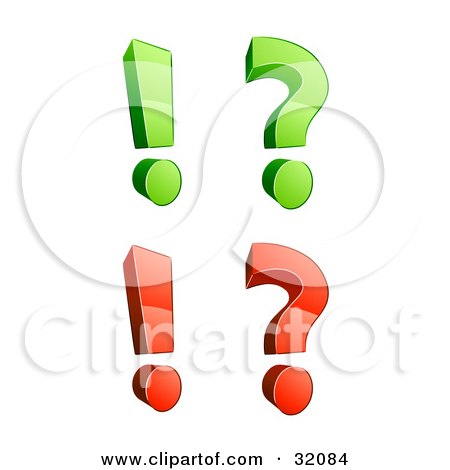 Clipart Illustration of a Set Of Four 3d Green And Red Exclamation Points And Question Marks, On A White Background by beboy