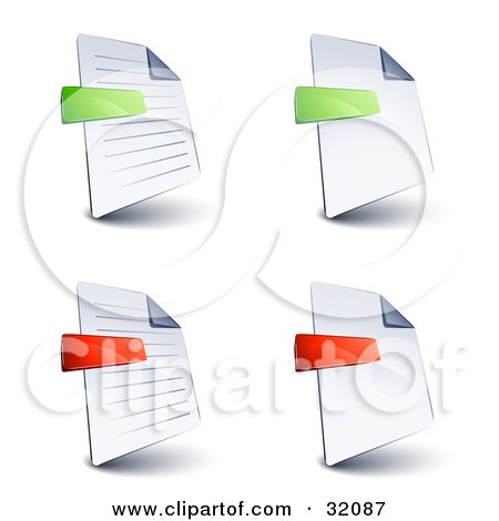 Clipart Illustration of a Set Of Four Lined And Blank Pages With Green And Red Minus And Subtraction Symbols, On A White Background by beboy