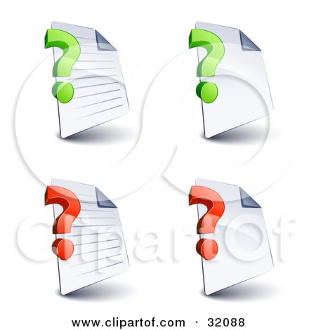 Clipart Illustration of a Set Of Four Lined And Blank Pages With Green And Red Question Marks, On A White Background by beboy