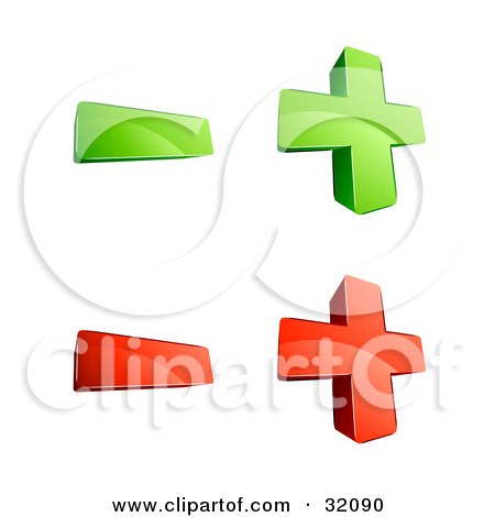 Clipart Illustration of a Set Of Four 3d Green And Red Plus And Minus Signs, On A White Background by beboy