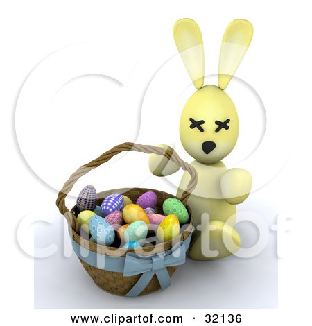 Clipart Illustration of a 3d Stuffed Yellow Easter Bunny Beside A Basket Of Colorful Eggs, On A White Background by KJ Pargeter